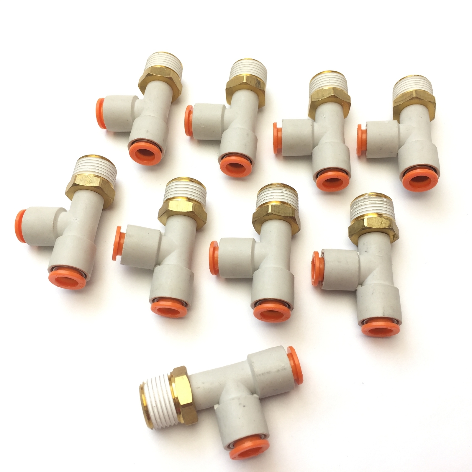Lot of 9 SMC KQ2Y09-36AS Pneumatic Male Run Tee, 5/16" Tube, 3/8" NPT Thread