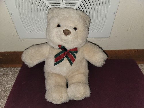 Vintage GUND Teddy Plush White Bear Rare Wearing Green Red Christmas Ribbon Bow