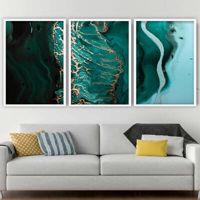 GERAHMT Abstrakt 3er Set Flüssige Acrylbilder Grün Gold Ozean Wandbilder 3er Set