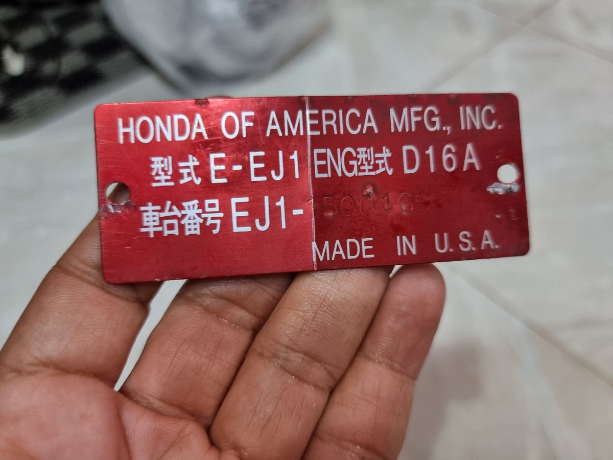RARE JDM HONDA Civic EJ1 TAG RED BUILD PLATE CHASSIS BADGE Honda