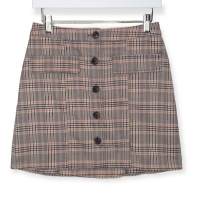 NWOT Urban Outfitters Plaid Mini Skirt Front Button Pockets HighLow Hem  Brown Sm
