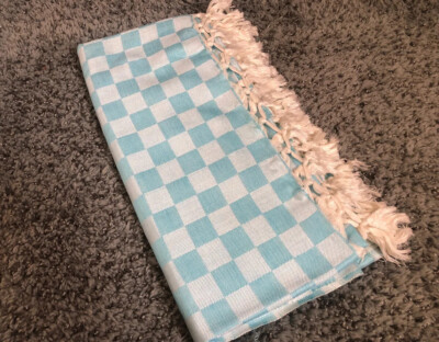 Spring Summer Throw Blanket Gingham Comfy Cotton Washable 97x42 Inches- Sky Blue