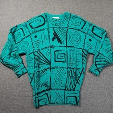 Vtg Women's Green Sweater Angora Wool Blend Small Long 80s 90s Abstract Design 