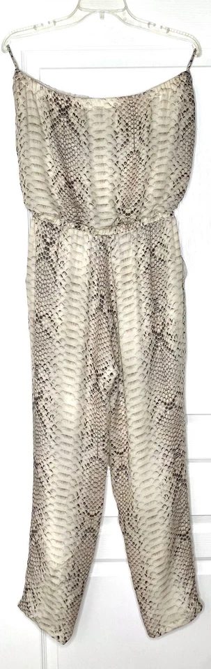 HAUTE HIPPIE Taupe Python Snake Print Silk Strapless Crop Pant Jumpsuit L = 10 - Image 4 of 4