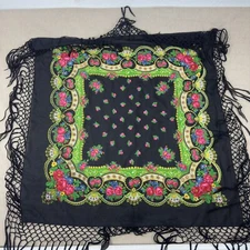 VTG Made in Japan 100% Pure Virgin Wool Scarf 37" X 37" Black/Floral Rose *HOLES