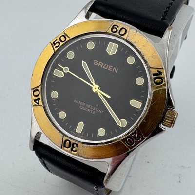 Vintage Gruen Quartz Watch Men Dual Tone Japan Movt Leather Analog New Battery