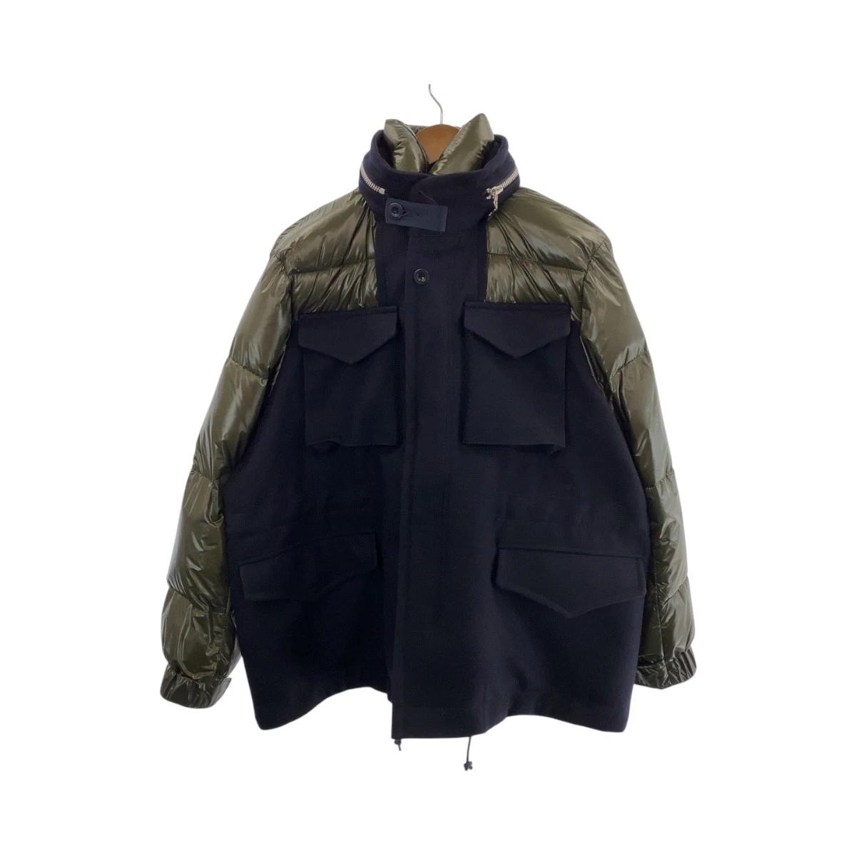 Sacai Down Jacket Puffer Jacket Khaki Navy SilverHardware Nylon wool