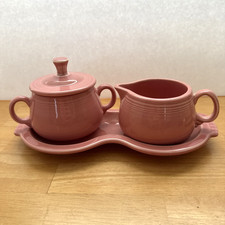 Fiesta Pink Sugar & Creamer w/Figure 8 Tray Made in USA Excellent Condition
