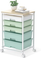 5-Drawer Utility Cart w/ Wooden Top Lockable Wheels Rolling Storage Cart Green
