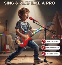 Kids Electric Guitar Toy with Microphone, Musical Instrument with Light  Sound