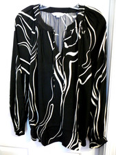 NWT Nine West-Ladies Lge-Blk/Ivory Geometric Tunic-Keyhole Neck Slit w/Ties