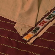 Sanskriti Vintage Beige 100 Pure Cotton Saree Ikat Hand Woven Solid 5.5 Sari
