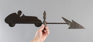 Antique 1930s Cut Brass American Folk Art RACECAR & Hammered Arrow Weathervane
