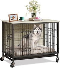 Dog Crate Furniture for Large Dogs Kennel Double Doors End Table with Wheels