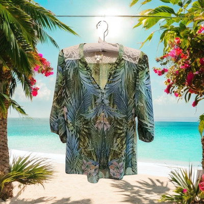 Fig And Flower Anthropologie Womens Size M Floral Palm Leaves Blouse Lace Boho 