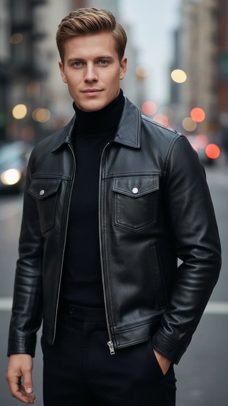 Men’s Black Leather Biker Moto Jacket,Handmade Vintage Retro Trucker Winter Coat