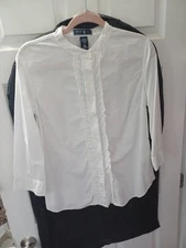 IZOD Women's 3/4 Sleeve Button Blouse - White.  Small Ruffle Down Front