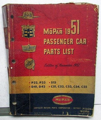 1951 Mopar Dealer Passenger Car Parts List Book Chrysler Dodge Plymouth DeSoto