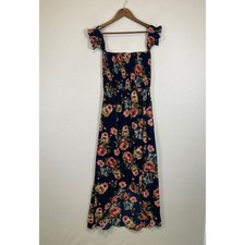 K-T-O-O Floral Maxi Dress Women Medium Navy Blue Smocked Ruffle Slit