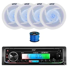Pyle Single DIN BT Marine Receiver, 4X 5.25" 180W LED Speakers (White) w/ Wire