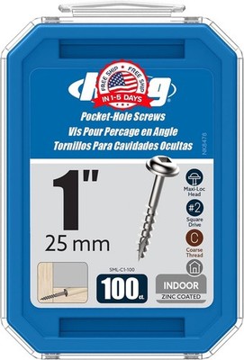 Sml-c1-100 Zinc Pocket Screws, 1 Inch #8 Coarse Thread, Maxi-loc Head (100 Count
