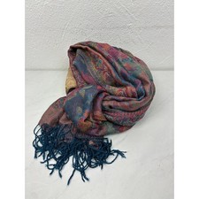 Pashmina Blue Floral Paisley Silk Blend Scarf - OS - Fringe Boho Jacquard Wrap