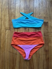 Mara Hoffman Blue Pink Orange Red Abigail Bandeau Bikini Top and Bottom Women M