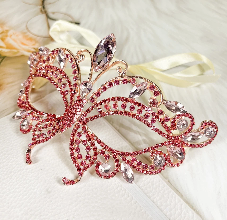 Butterfly Pink Masquerade Mask, Wedding Party Rose Gold Eye Mask, Venetian Party - Image 2 of 3