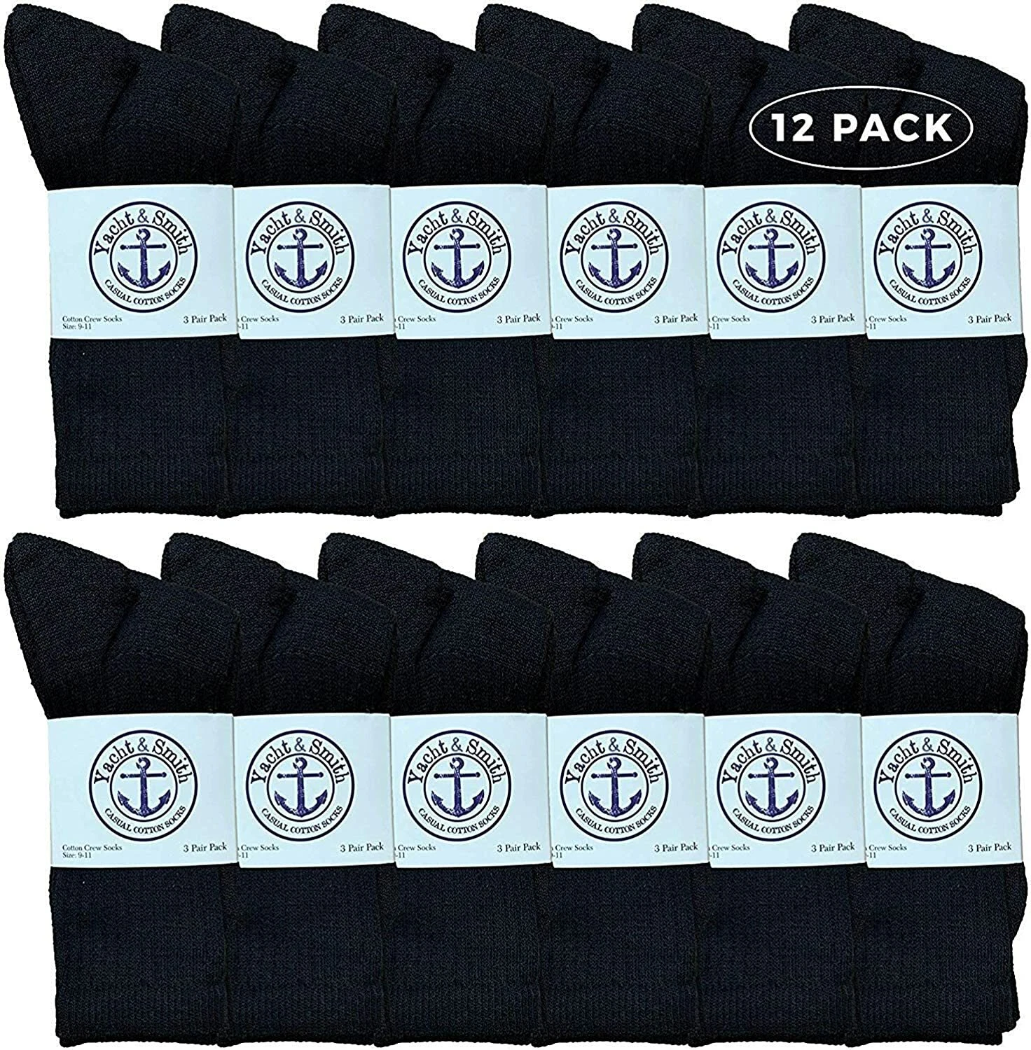 Wholesale Bulk Womens Crew Sock,Cotton Sport Athletic Socks Size 9-11 (Black,12)