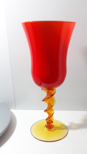 Vintage Empoli Art Glass Twisted Spiral Yellow Stem White Cased Orange Vase - Photo 1/15