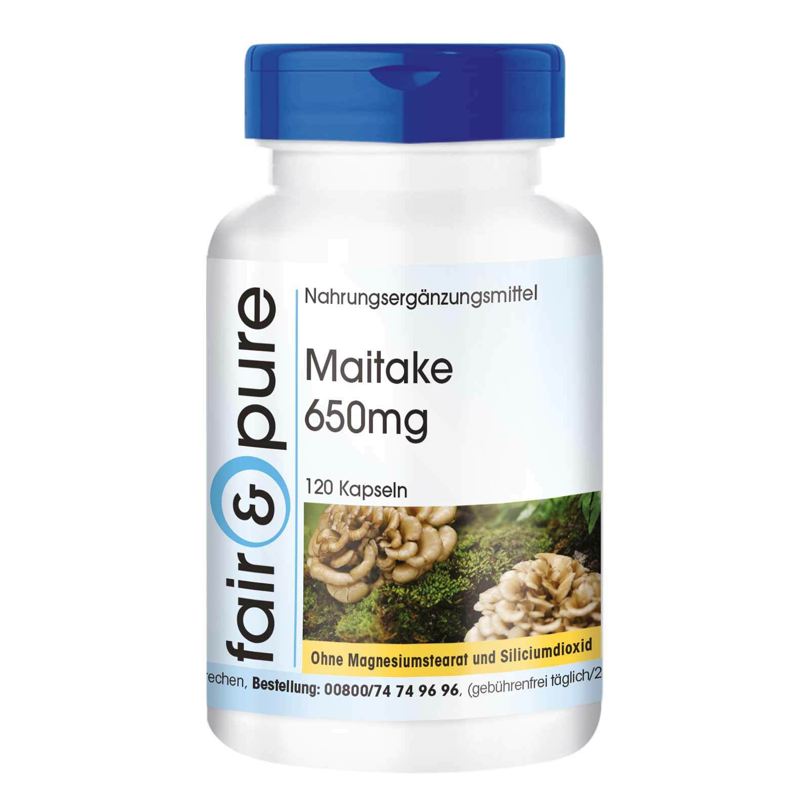 Maitake 650 mg - 120 Kapseln für 2 Monate - Vitalpilz - Pilzpulver | fair & pure