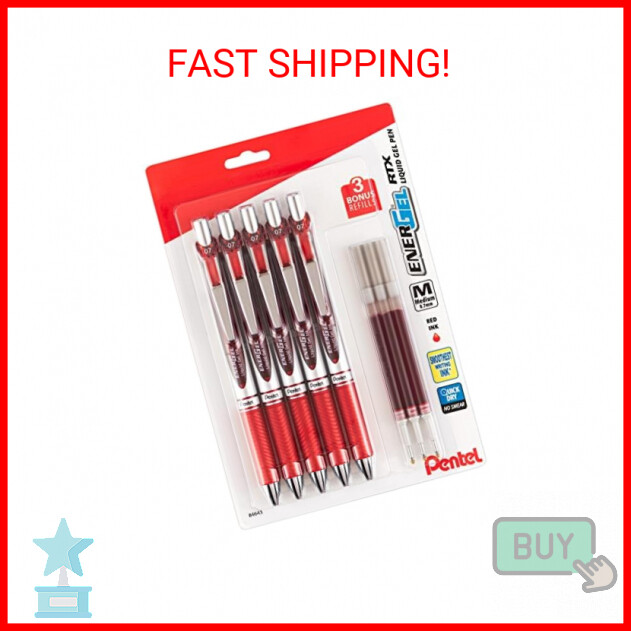 Pentel EnerGel Liquid Gel Ink Pens 0.7 mm - Pack of 5 Red Deluxe RTX Energel Pen