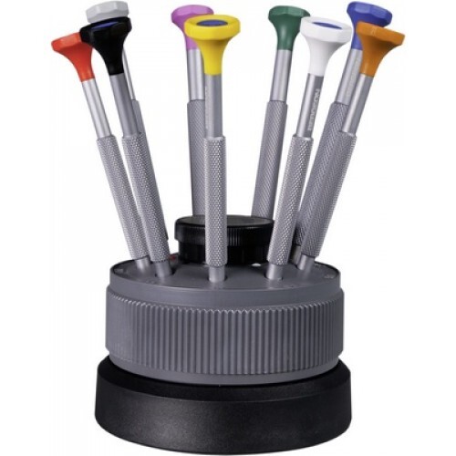Set Bergeon 31081-S09 avec 9 tournevis d'horlogerie sur support tournant lesté