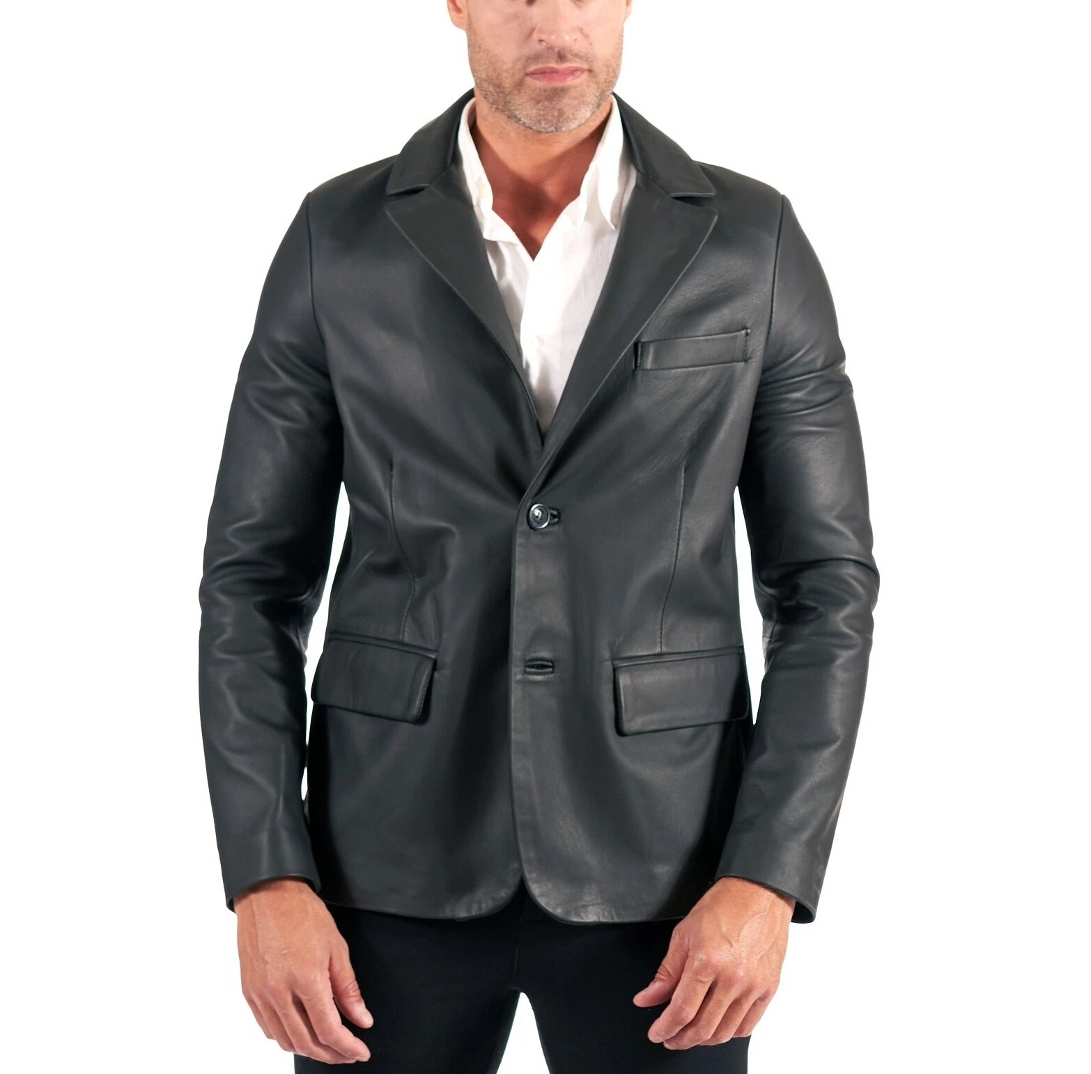 Leather Blazer Jacket Coat Men's Lambskin Button Real Soft Slim Fit Men Blue 23