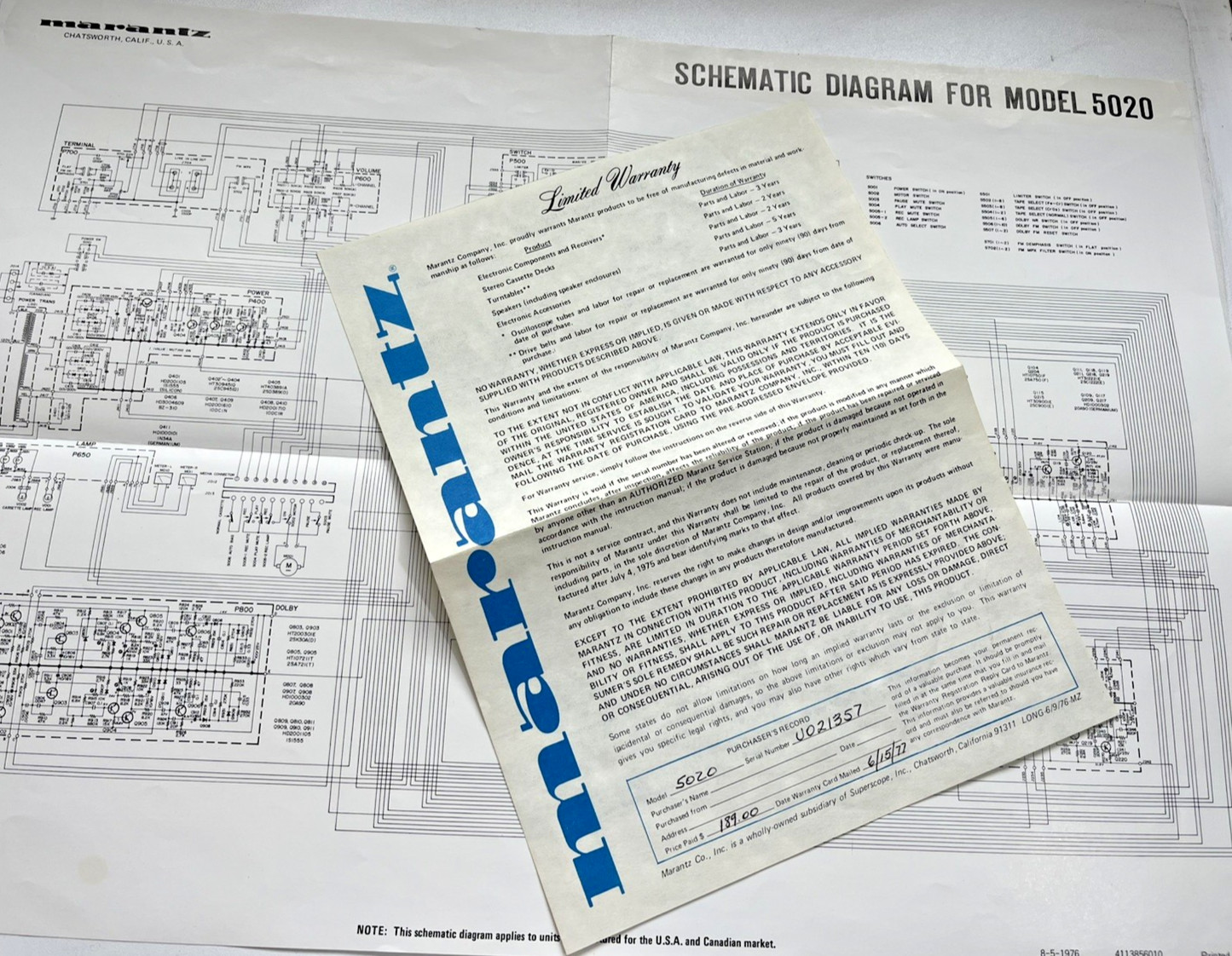 MARANTZ MODEL 5020 STEREO CASSETTE DECK SCHEMATIC DIAGRAM & WARRANTY 1977 D1361