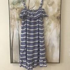 Maggie Breen Dress girls size 14 Off shoulder straps Blue White Pink ruffle