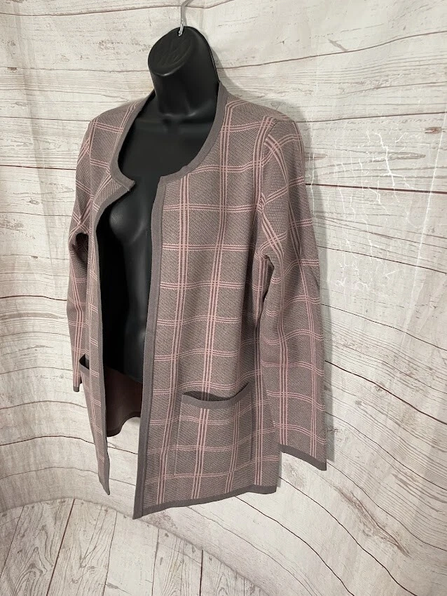 Cárdigan para mujer Appleseed frente abierto gris/rosa talla PM Foto 2 de 4