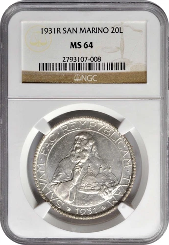 SAN MARINO 1931-R  20 LIRE SILVER COIN, CHOICE UNCIRCULATED, NGC CERTIFIED MS64