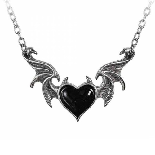 ALCHEMY BLACKSOUL BLACK DEMON HEART NECKLACE Gothic Wings Pendant + FREE POUCH - Picture 1 of 4