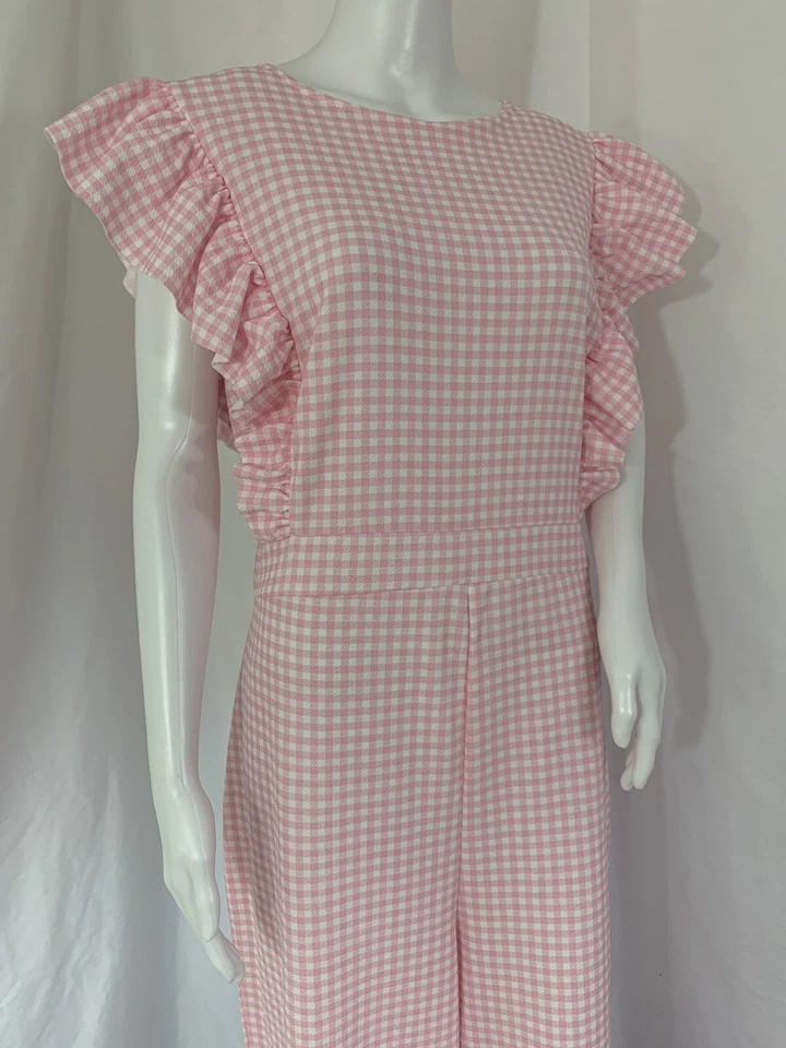 Macacão BOOHOO tamanho 16 rosa xadrez Gingham manga curta babado comprimento total Reino Unido - Imagem 3 de 4