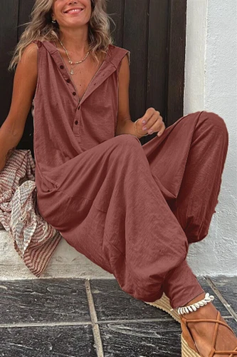 Summer Sleeveless Hooded Romper Button Solid Playsuit Loose Women Jumpsuit Pants - Picture 11 of 21