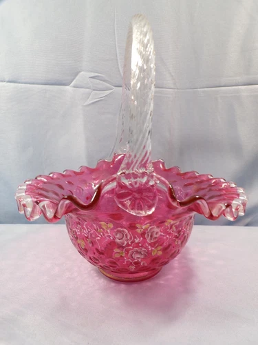 Fenton Painted Cranberry Glass Polka Dot Basket Clear Crest Pink Roses Limited