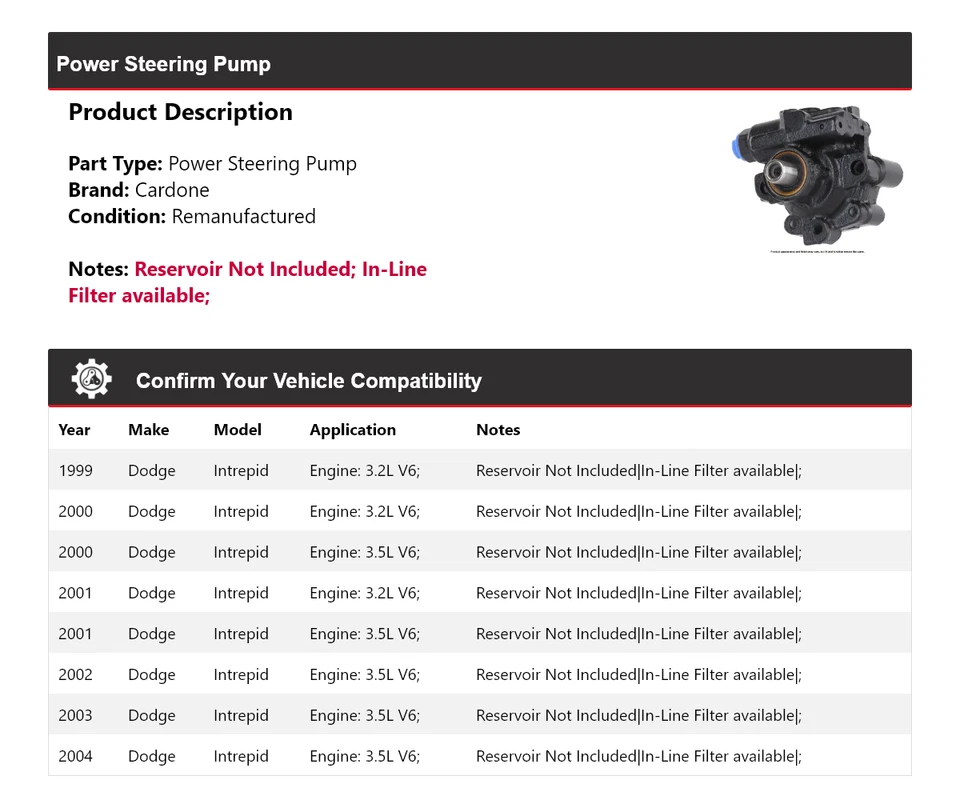 For 1999-2004 Dodge Intrepid Power Steering Pump Cardone 2000 2001 2002 2003 - Image 2 of 4
