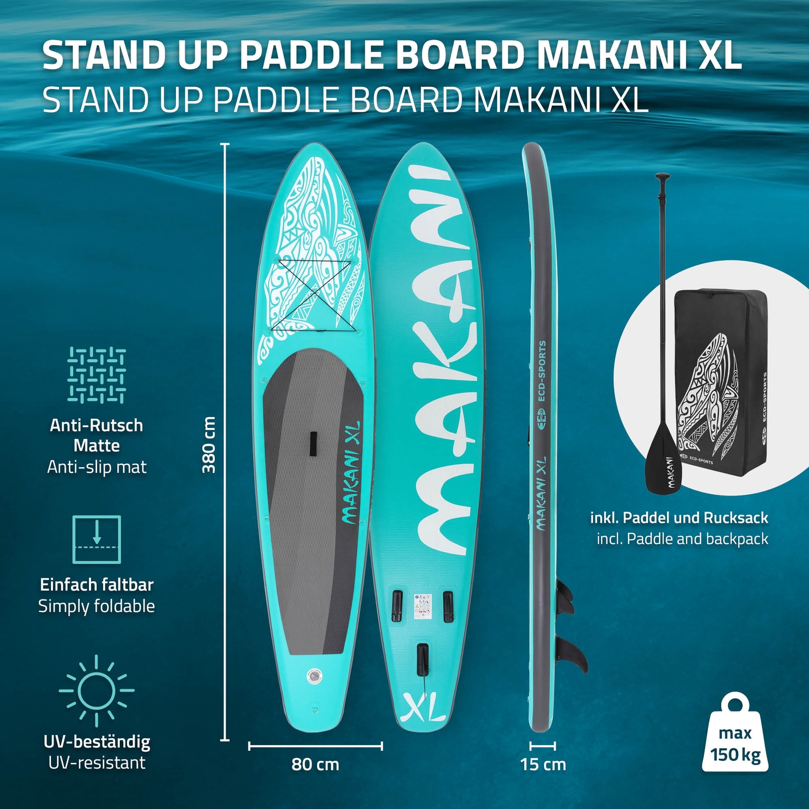 Surfboard Stand Up Paddle SUP Board Makani Türkis aufblasbar 380 cm
