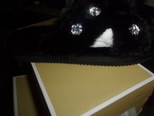 MK Michael Kors Women's Black Lala Slipper Jeweled Long Faux Fur Size 6