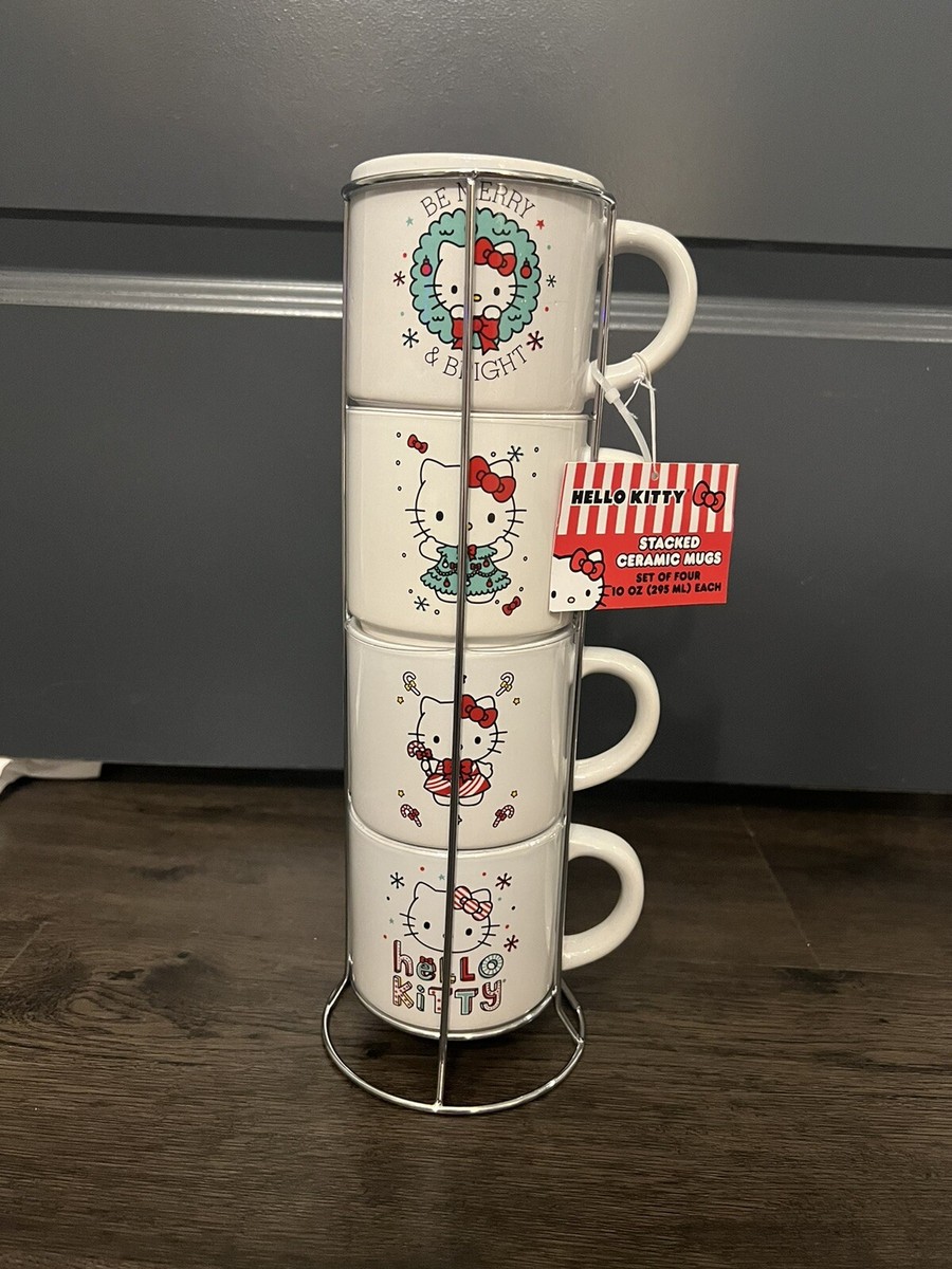 NWT Hello Kitty Christmas 4 Mug Set Stacker with Rack | eBay