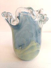 Handblown Art Glass Blues Iridescent Swirl Vase with Ruffled Freeform Edge