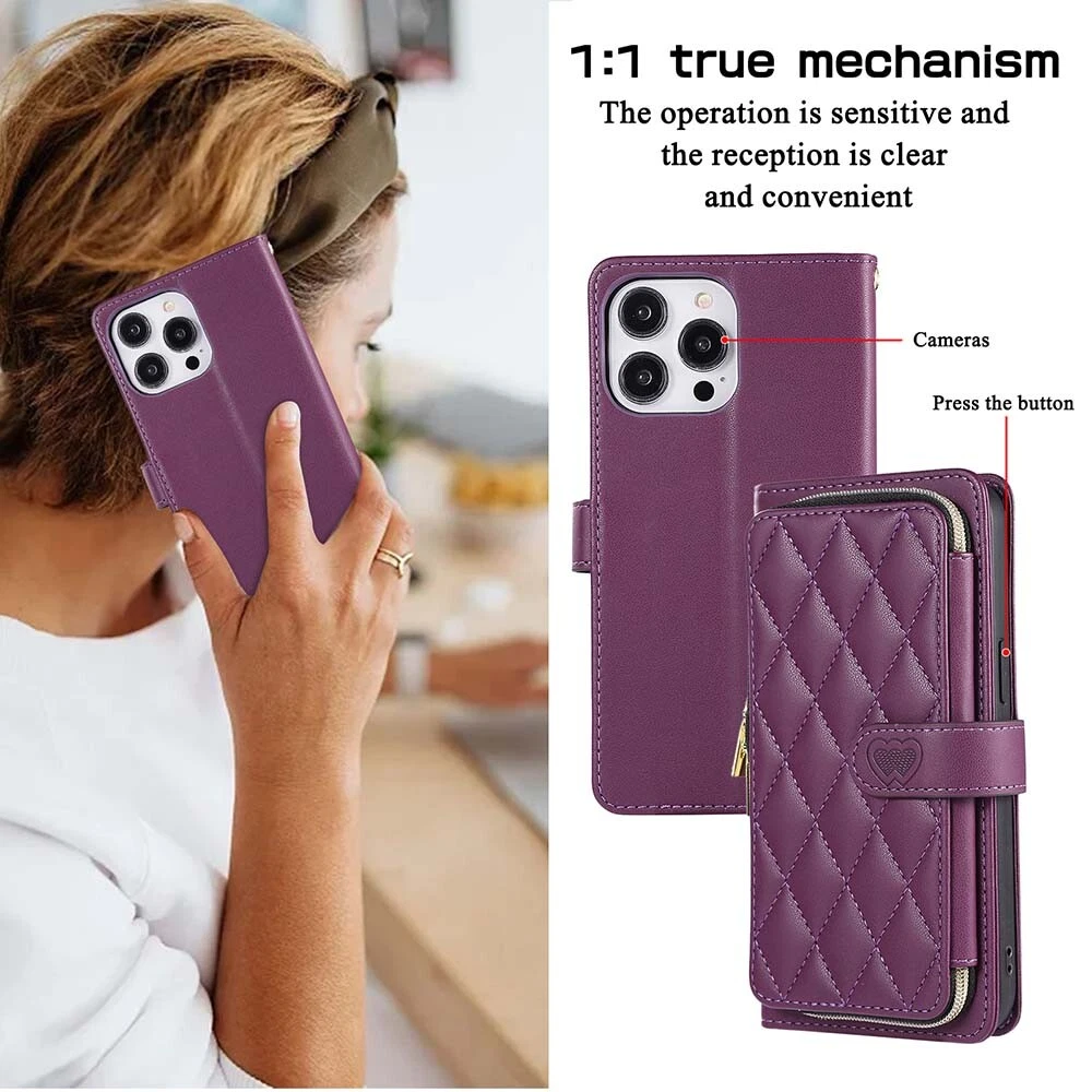 Durable Leather Zipper Flip Wallet Case for iPhone 15 Pro Max 14 13 12 11 XR