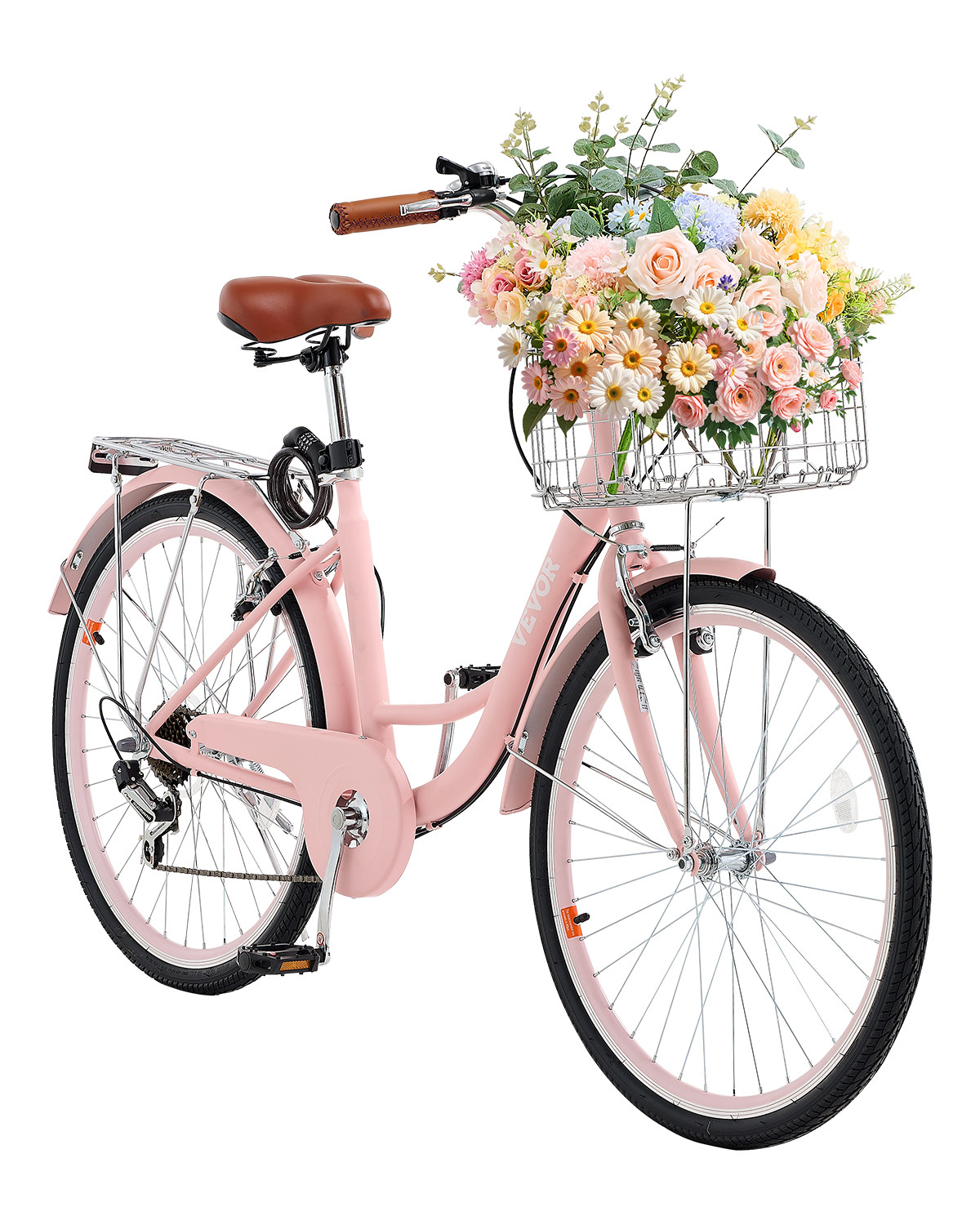 VEVOR 26-Inch Cruiser Bike 7-Speed Pink Beach Cruiser Bike with Basket