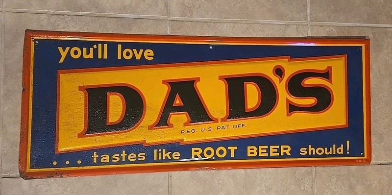 1950s Original Vintage Dad's Rootbeer Sign Metal Embossed Collectible